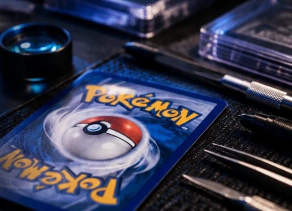 Dos de carte Pokémon posé sur un tapis de travail, entouré d'outils de précision (visuel illustratif)